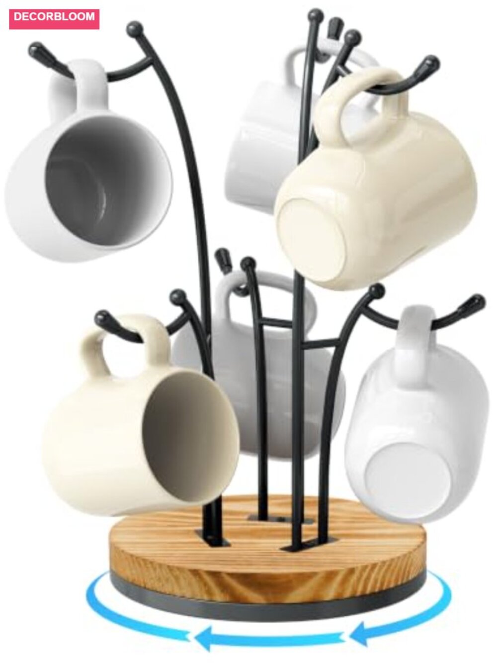 360° Rotating Mug Tree 6 Hooks Metal & Solid Wood Countertop
